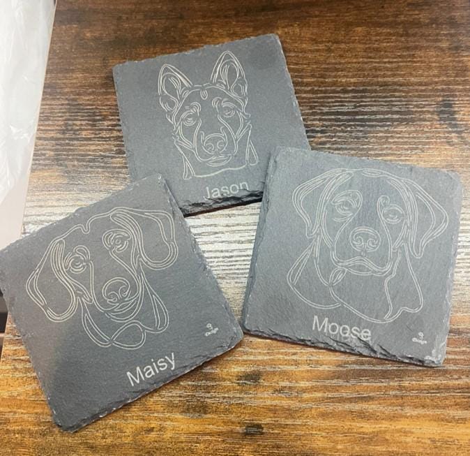 Personalized slate dog coasters. 3 Pack (can adjust amount). Customized to your breed and name.