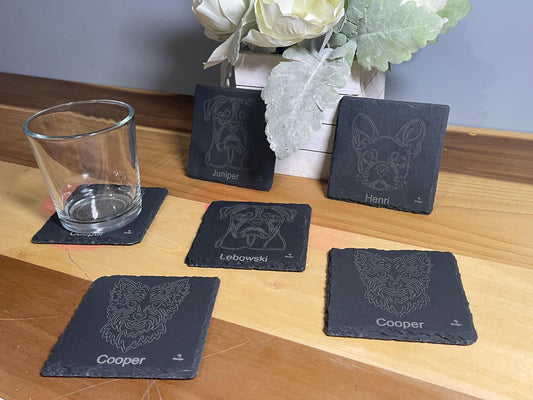 Personalized slate dog coasters. 3 Pack (can adjust amount). Customized to your breed and name.