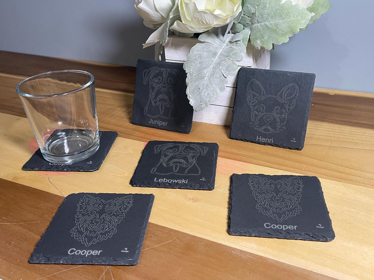 Personalized slate dog coaster. Single coaster. Customized to your breed and name.