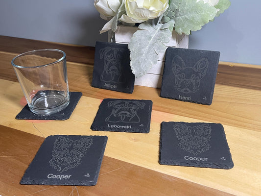 Personalized slate dog coaster. Single coaster. Customized to your breed and name.